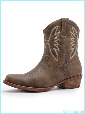 Faux Leather Western Ankle Boots Snip Toe Side Zip Cowboy Booties